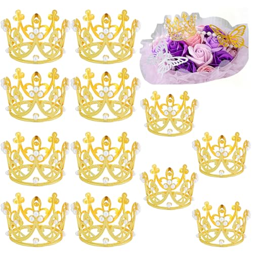 12PCS Crown Cake Toppers - Pearl Tiara Gold Crown for Wedding, Baby Shower, Birthday Party Decor, Flower Bouquets
