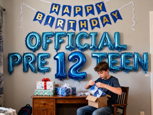 12th Birthday Decorations for Boys Girls – Blue Foil Balloon Set with Banner and Number 12