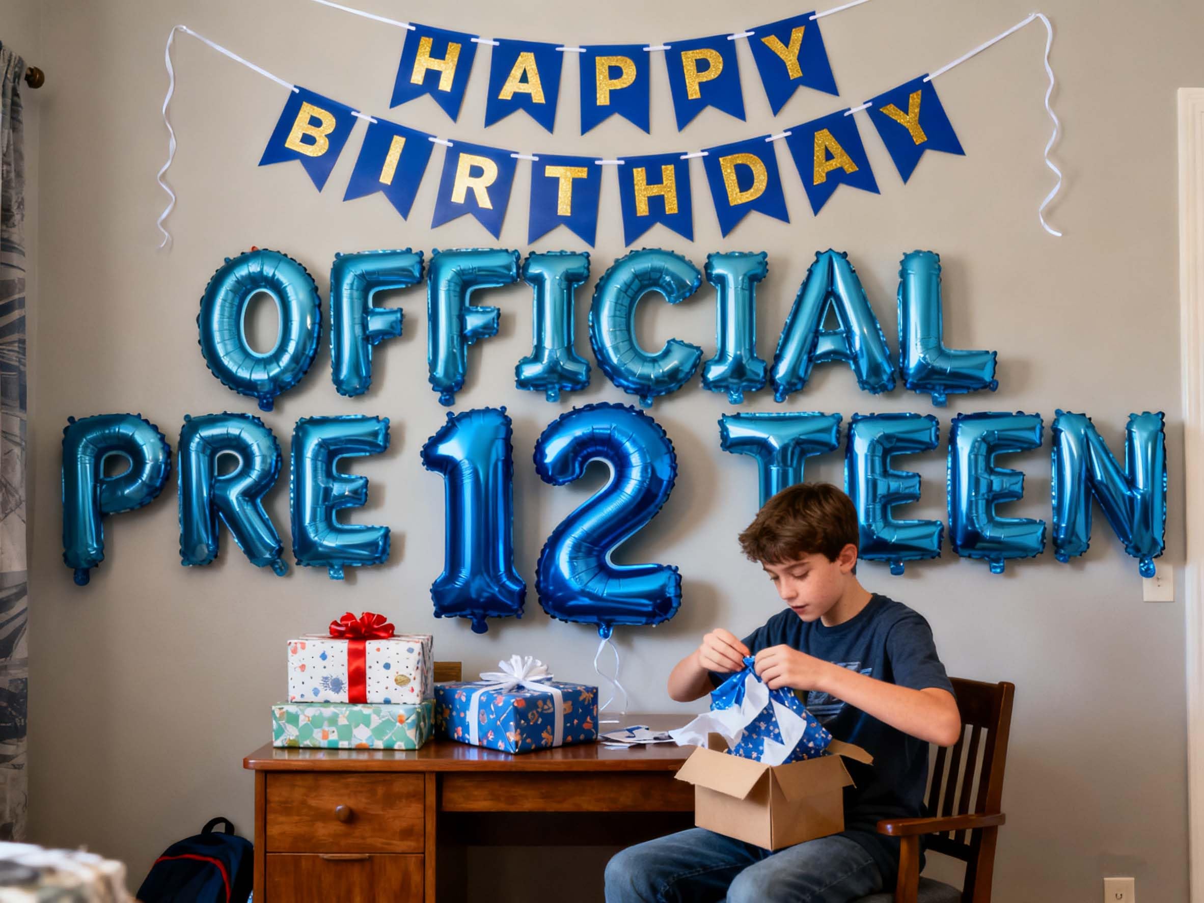 12th Birthday Decorations for Boys Girls – Blue Foil Balloon Set with Banner and Number 12