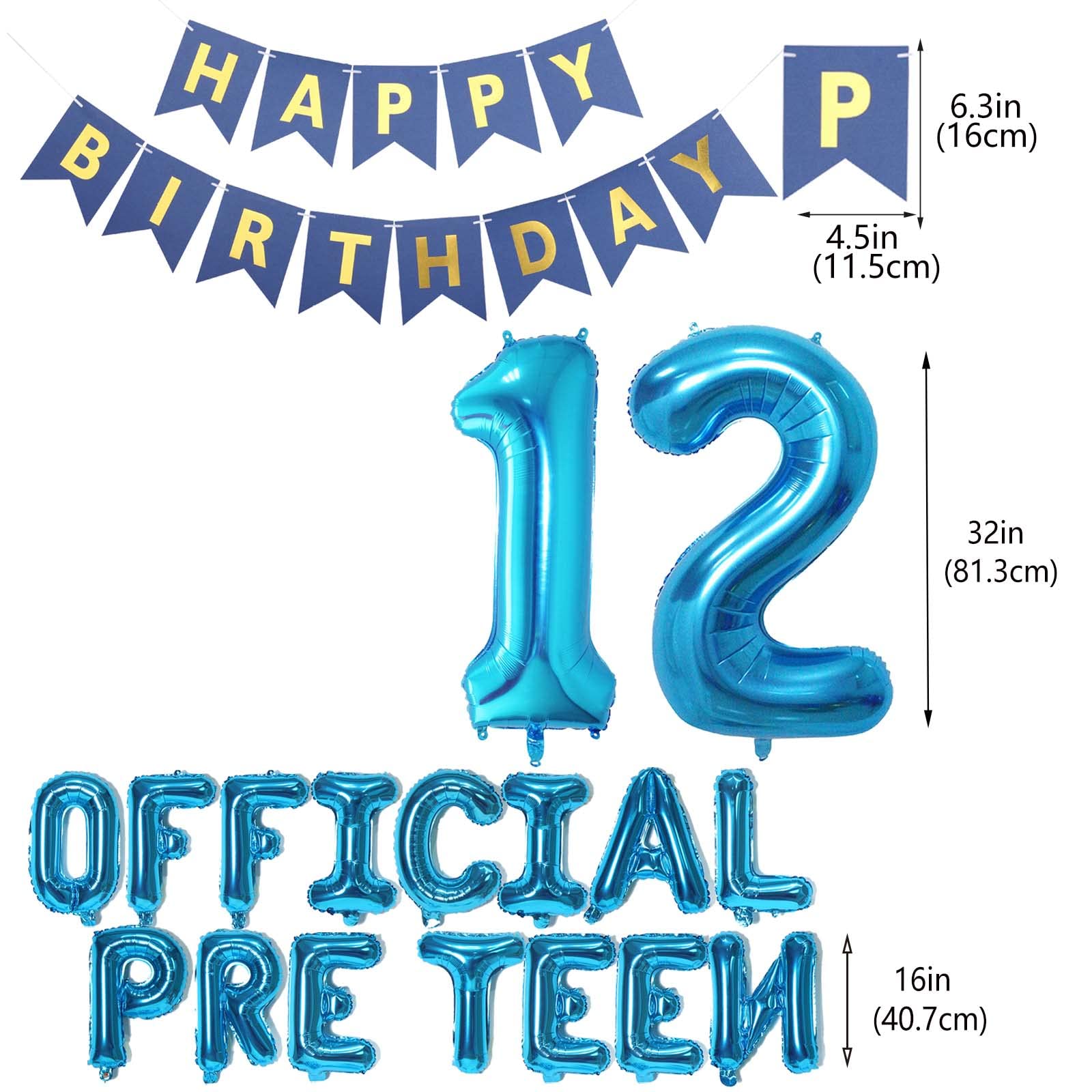 12th Birthday Decorations for Boys Girls – Blue Foil Balloon Set with Banner and Number 12