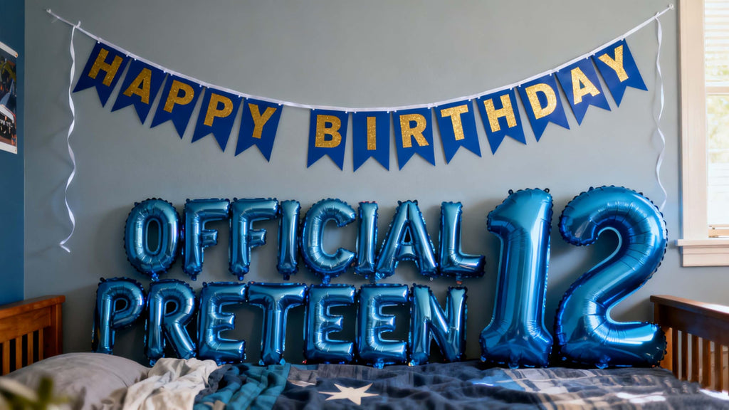 12th Birthday Decorations for Boys Girls – Blue Foil Balloon Set with Banner and Number 12