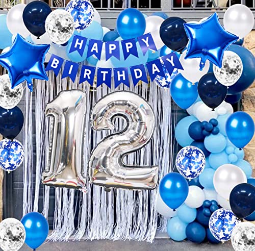 12th Birthday Party Decoration Set for Boys – Blue Number 12 Foil Balloon, Banner, and Latex Balloons