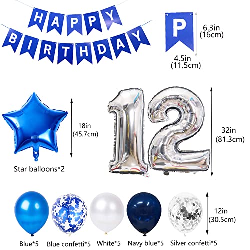 12th Birthday Party Decoration Set for Boys – Blue Number 12 Foil Balloon, Banner, and Latex Balloons