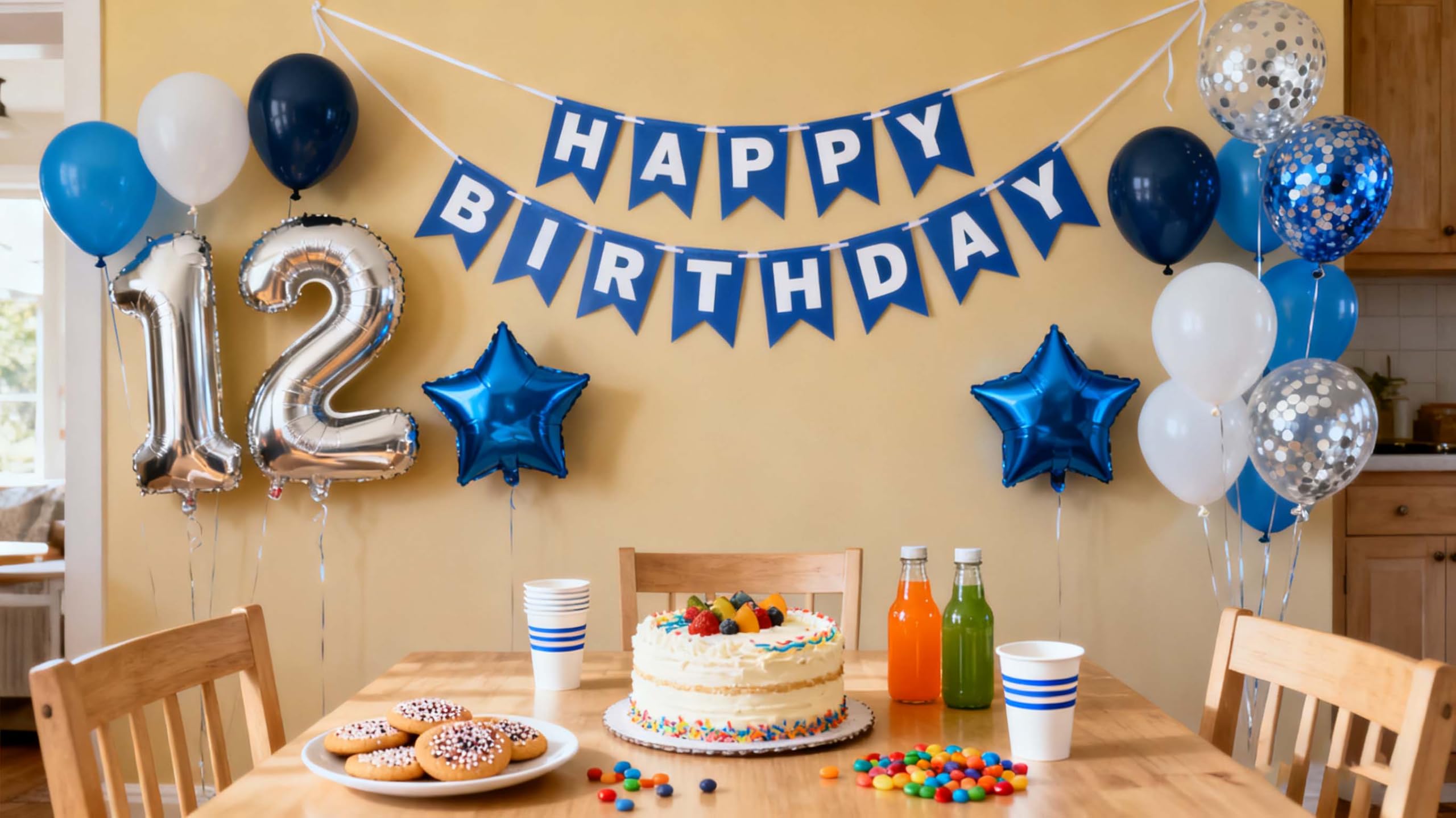12th Birthday Party Decoration Set for Boys – Blue Number 12 Foil Balloon, Banner, and Latex Balloons