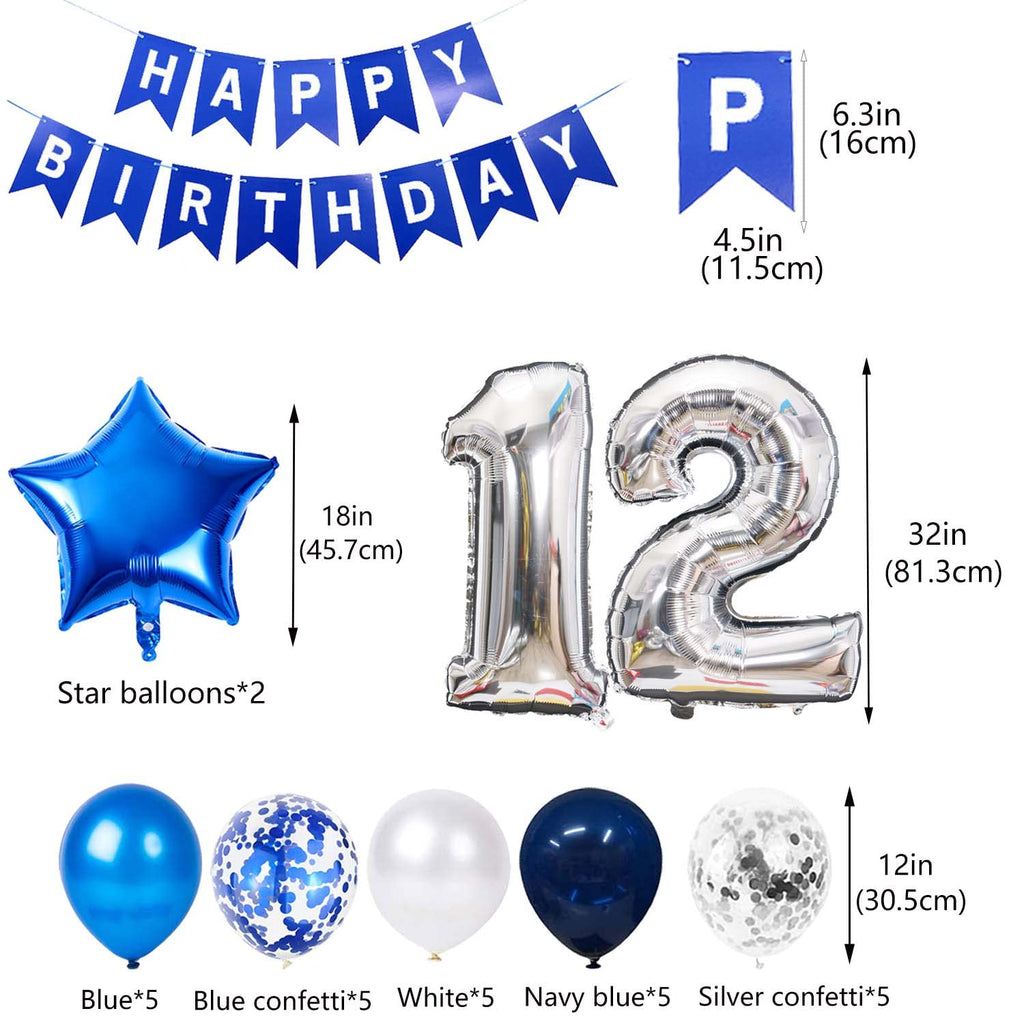 12th Birthday Party Decoration Set for Boys – Blue Number 12 Foil Balloon, Banner, and Latex Balloons