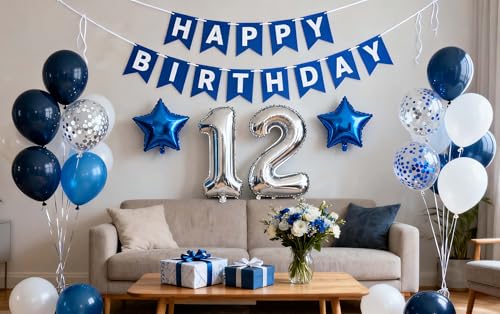 12th Birthday Party Decoration Set for Boys – Blue Number 12 Foil Balloon, Banner, and Latex Balloons