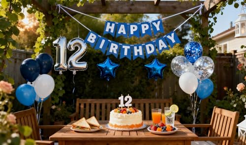 12th Birthday Party Decoration Set for Boys – Blue Number 12 Foil Balloon, Banner, and Latex Balloons