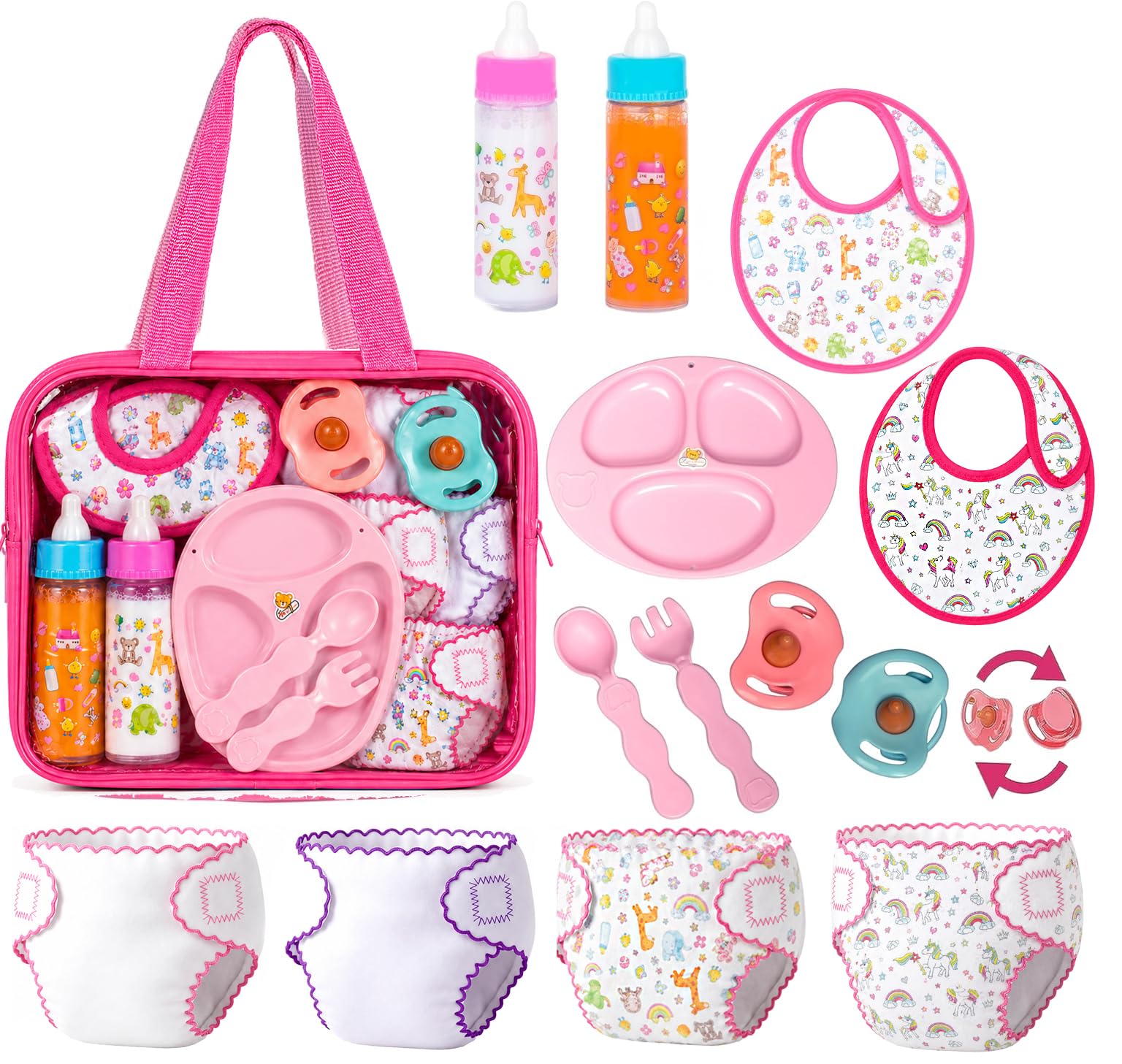 13-Piece Doll Feeding & Diaper Bag Set with Disappearing Milk Bottles for Pretend Play