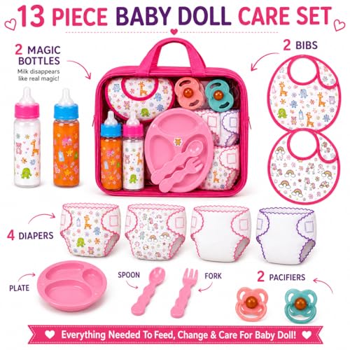 13-Piece Doll Feeding & Diaper Bag Set with Disappearing Milk Bottles for Pretend Play