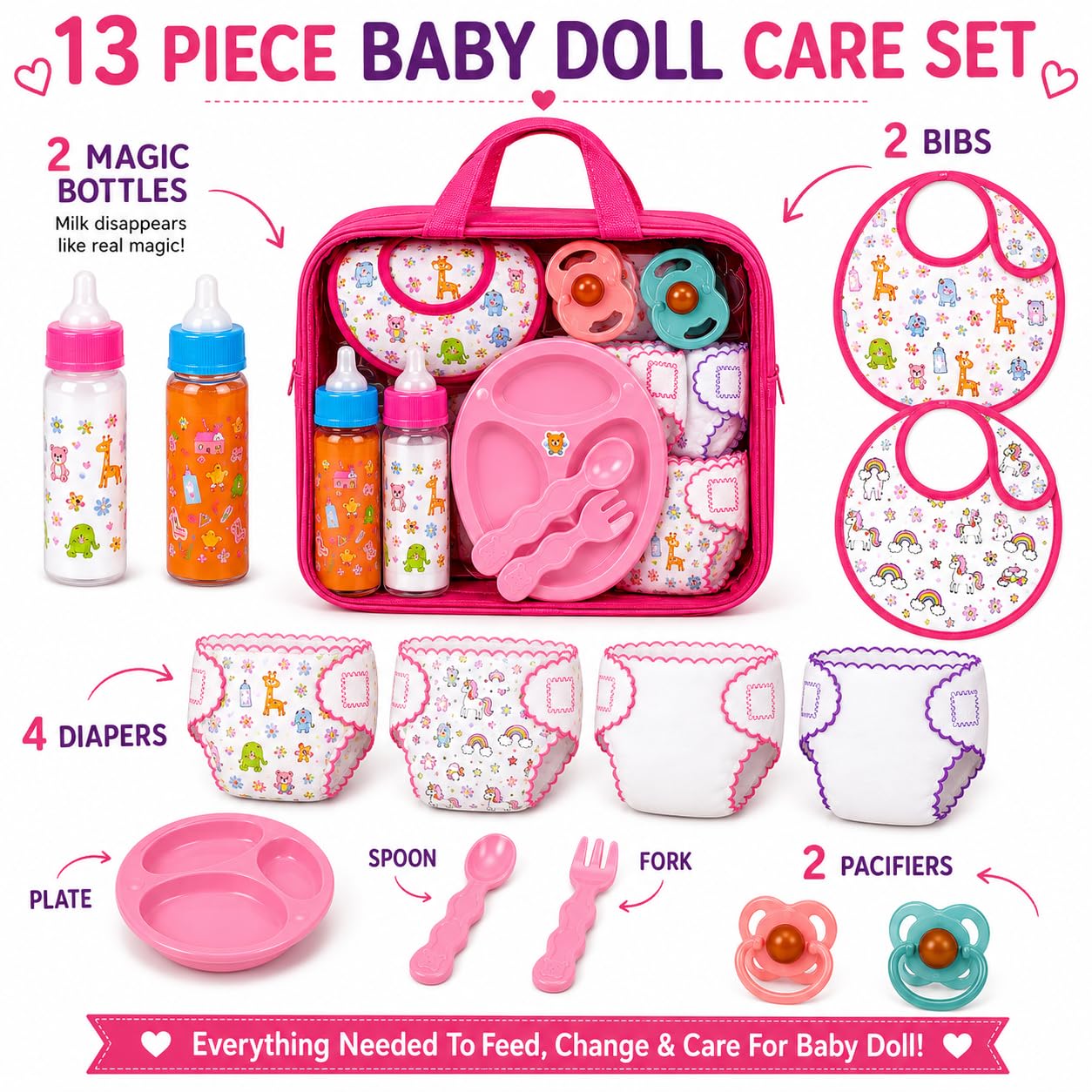 13-Piece Doll Feeding & Diaper Bag Set with Disappearing Milk Bottles for Pretend Play
