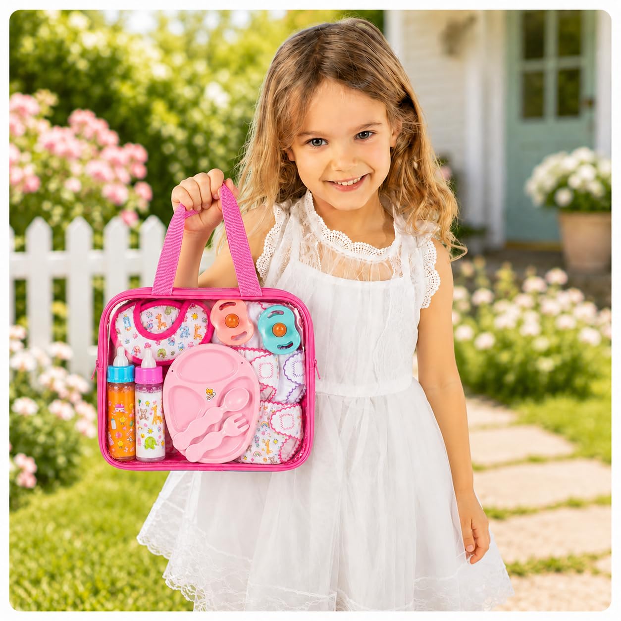 13-Piece Doll Feeding & Diaper Bag Set with Disappearing Milk Bottles for Pretend Play