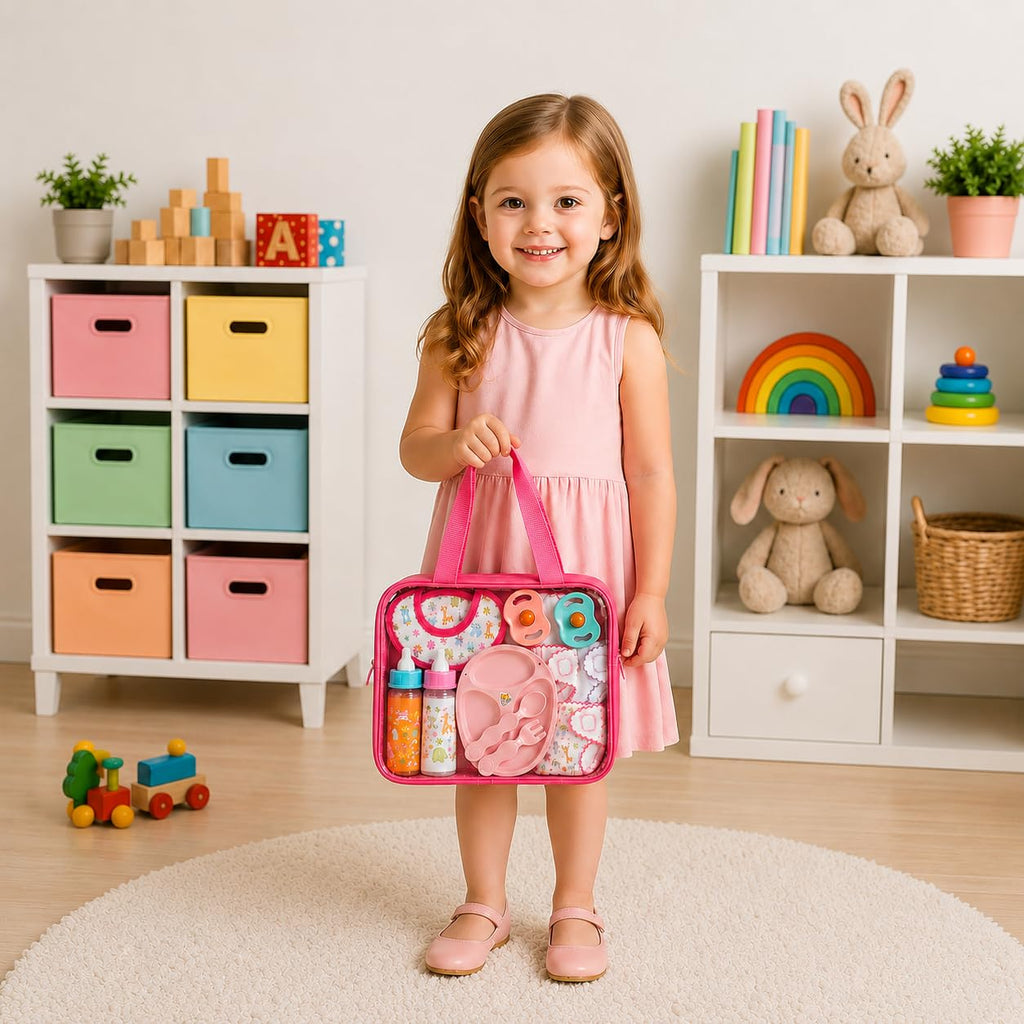 13-Piece Doll Feeding & Diaper Bag Set with Disappearing Milk Bottles for Pretend Play