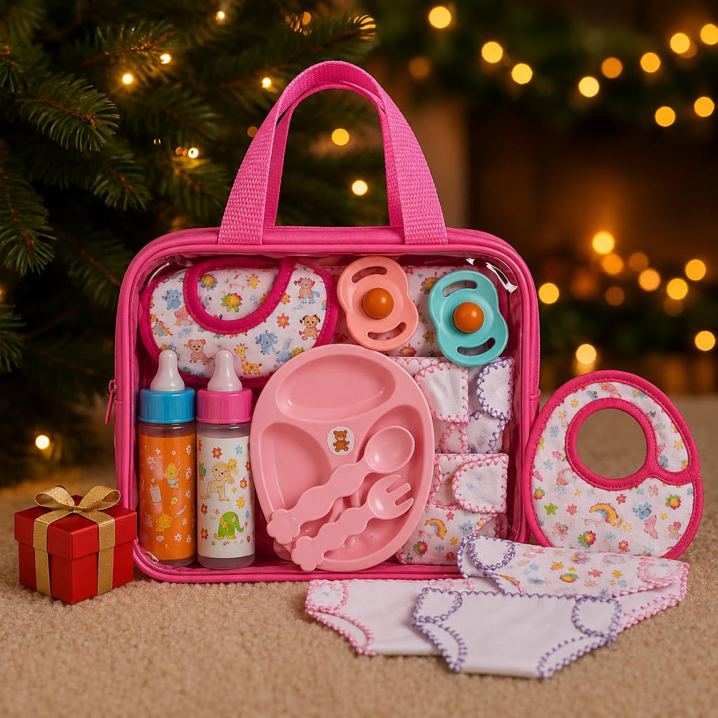 13-Piece Doll Feeding & Diaper Bag Set with Disappearing Milk Bottles for Pretend Play