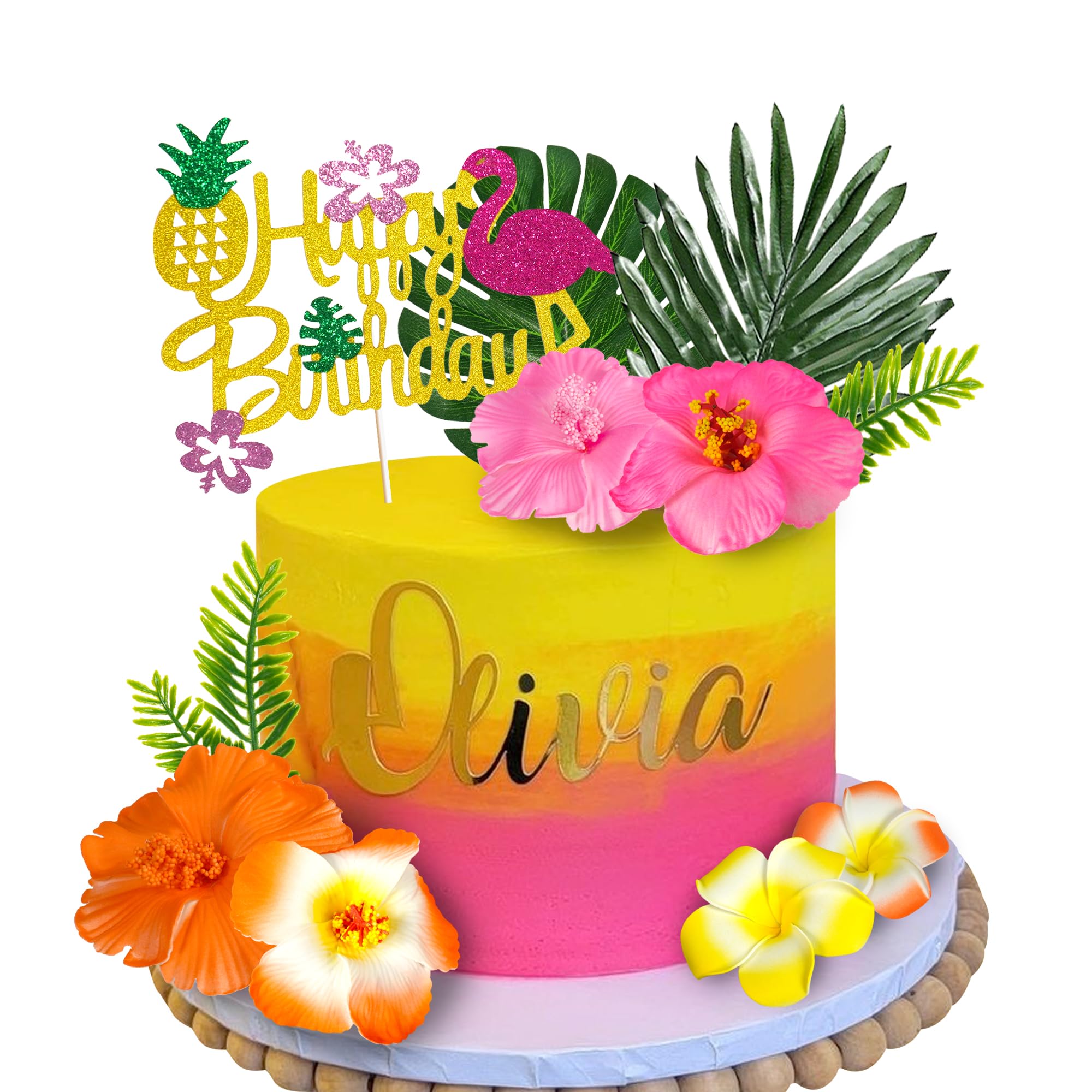 13-Piece Hawaiian Flower Cake Topper Set with Palm Leaves and Hibiscus Foam Flowers for Tropical Birthday Parties