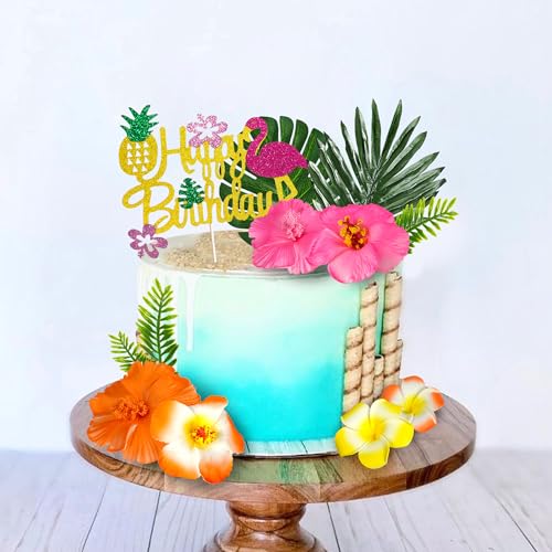 13-Piece Hawaiian Flower Cake Topper Set with Palm Leaves and Hibiscus Foam Flowers for Tropical Birthday Parties
