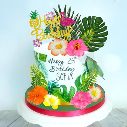13-Piece Hawaiian Flower Cake Topper Set with Palm Leaves and Hibiscus Foam Flowers for Tropical Birthday Parties