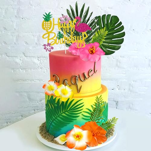 13-Piece Hawaiian Flower Cake Topper Set with Palm Leaves and Hibiscus Foam Flowers for Tropical Birthday Parties