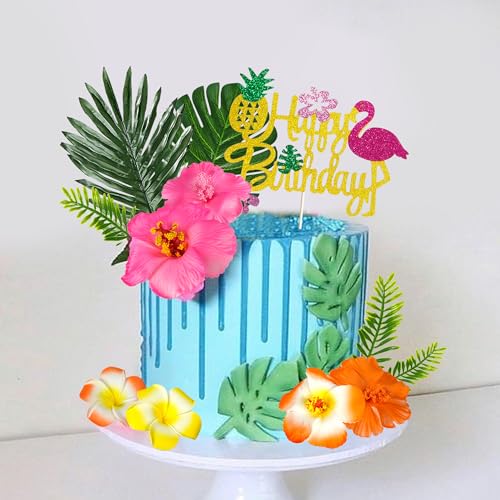13-Piece Hawaiian Flower Cake Topper Set with Palm Leaves and Hibiscus Foam Flowers for Tropical Birthday Parties
