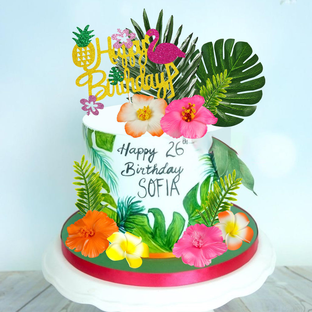 13-Piece Hawaiian Flower Cake Topper Set with Palm Leaves and Hibiscus Foam Flowers for Tropical Birthday Parties