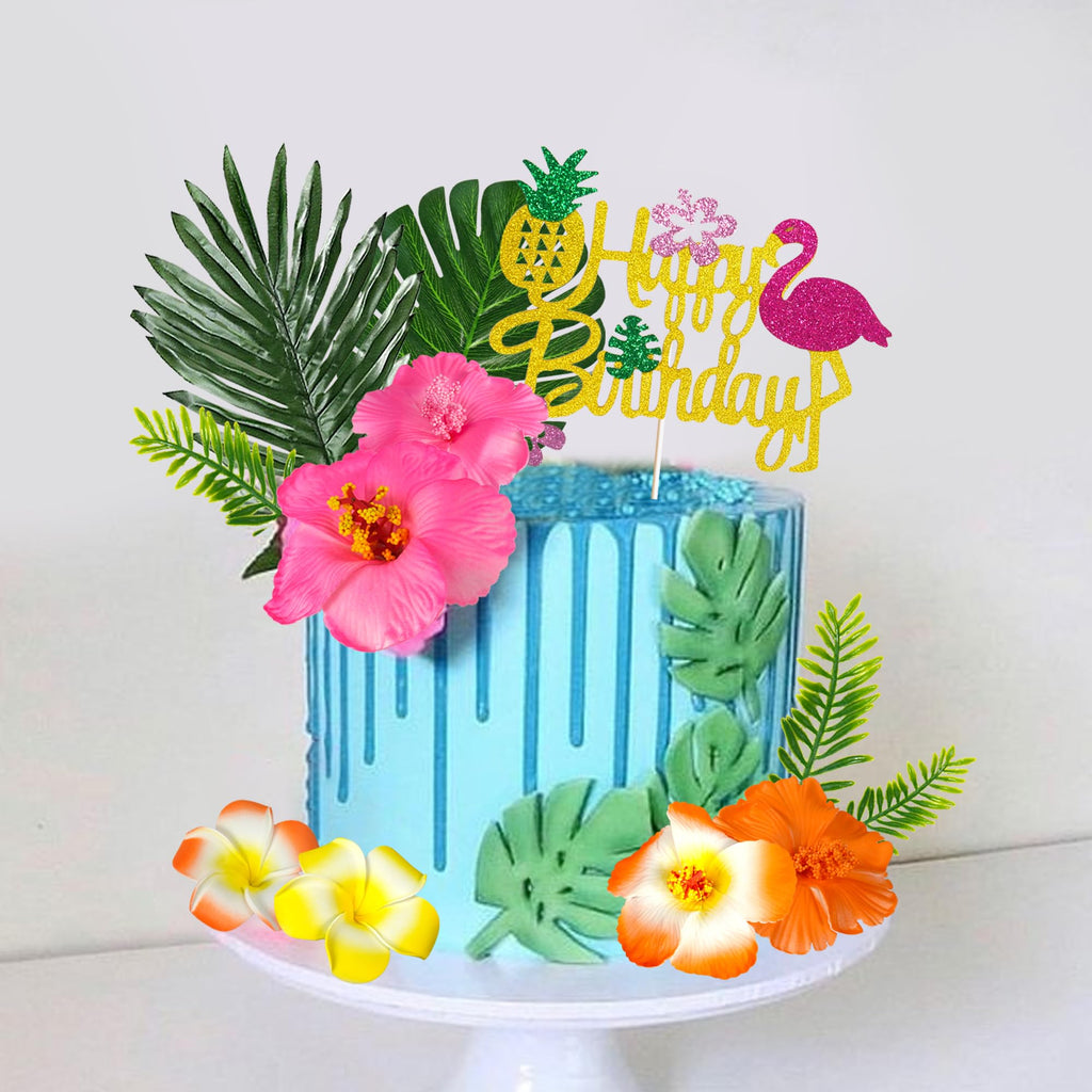 13-Piece Hawaiian Flower Cake Topper Set with Palm Leaves and Hibiscus Foam Flowers for Tropical Birthday Parties