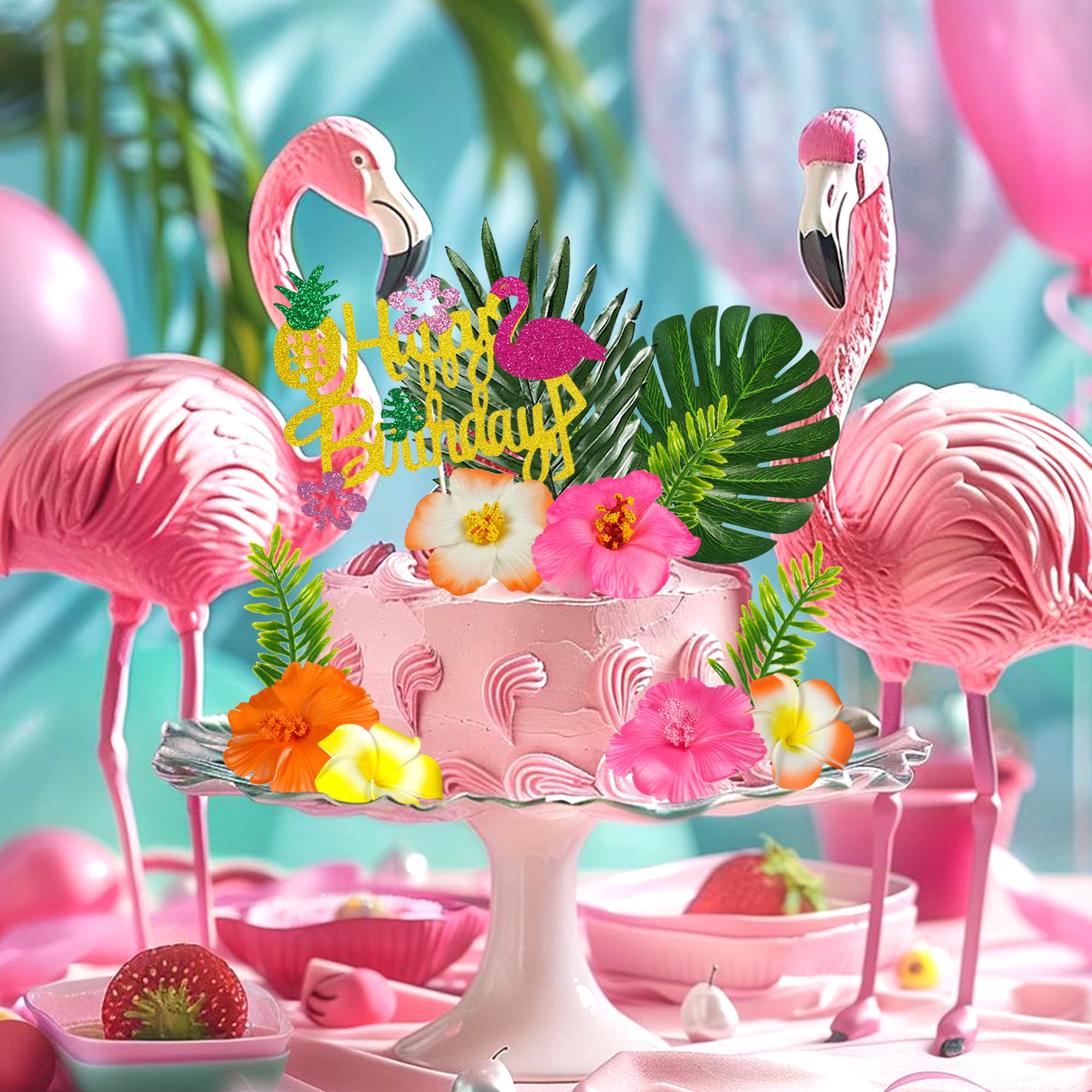 13-Piece Hawaiian Flower Cake Topper Set with Palm Leaves and Hibiscus Foam Flowers for Tropical Birthday Parties