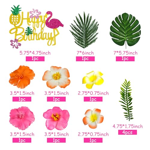 13-Piece Hawaiian Flower Cake Topper Set with Palm Leaves and Hibiscus Foam Flowers for Tropical Birthday Parties