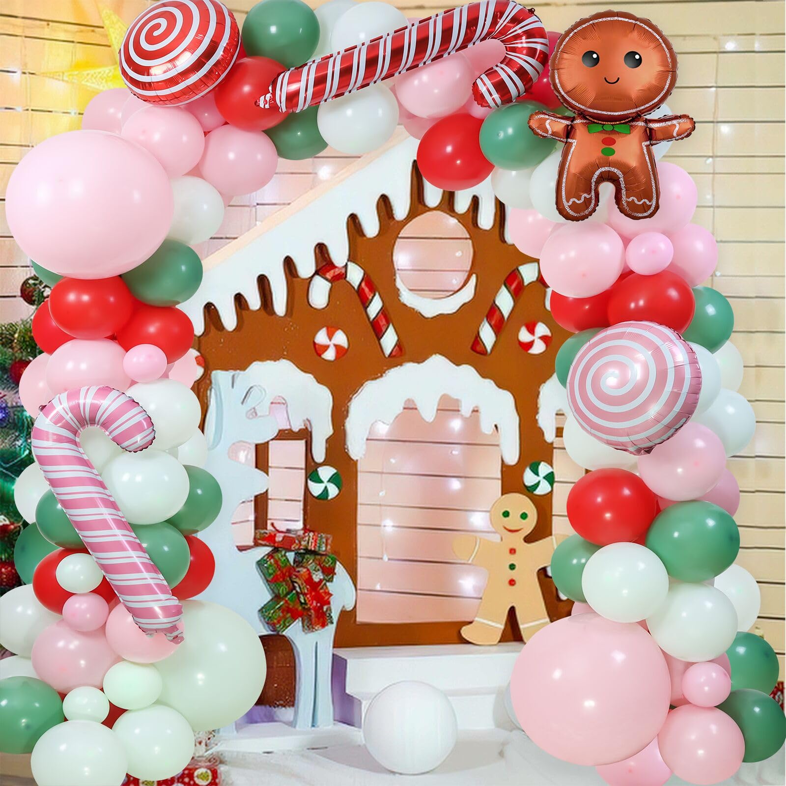 130-Piece Christmas Balloon Arch Garland Kit with Gingerbread & Candy Cane Foil Balloons for Holiday Parties