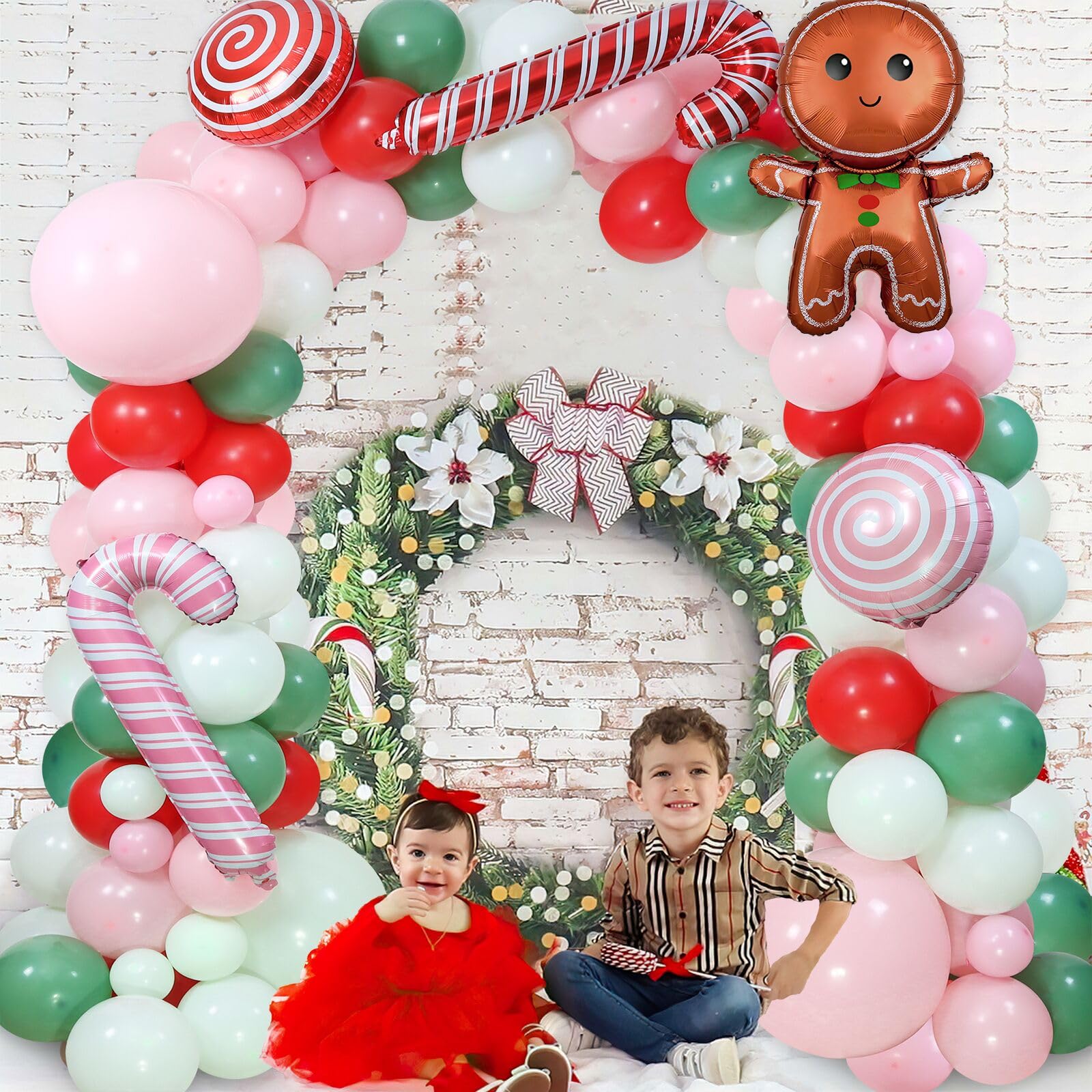 130-Piece Christmas Balloon Arch Garland Kit with Gingerbread & Candy Cane Foil Balloons for Holiday Parties