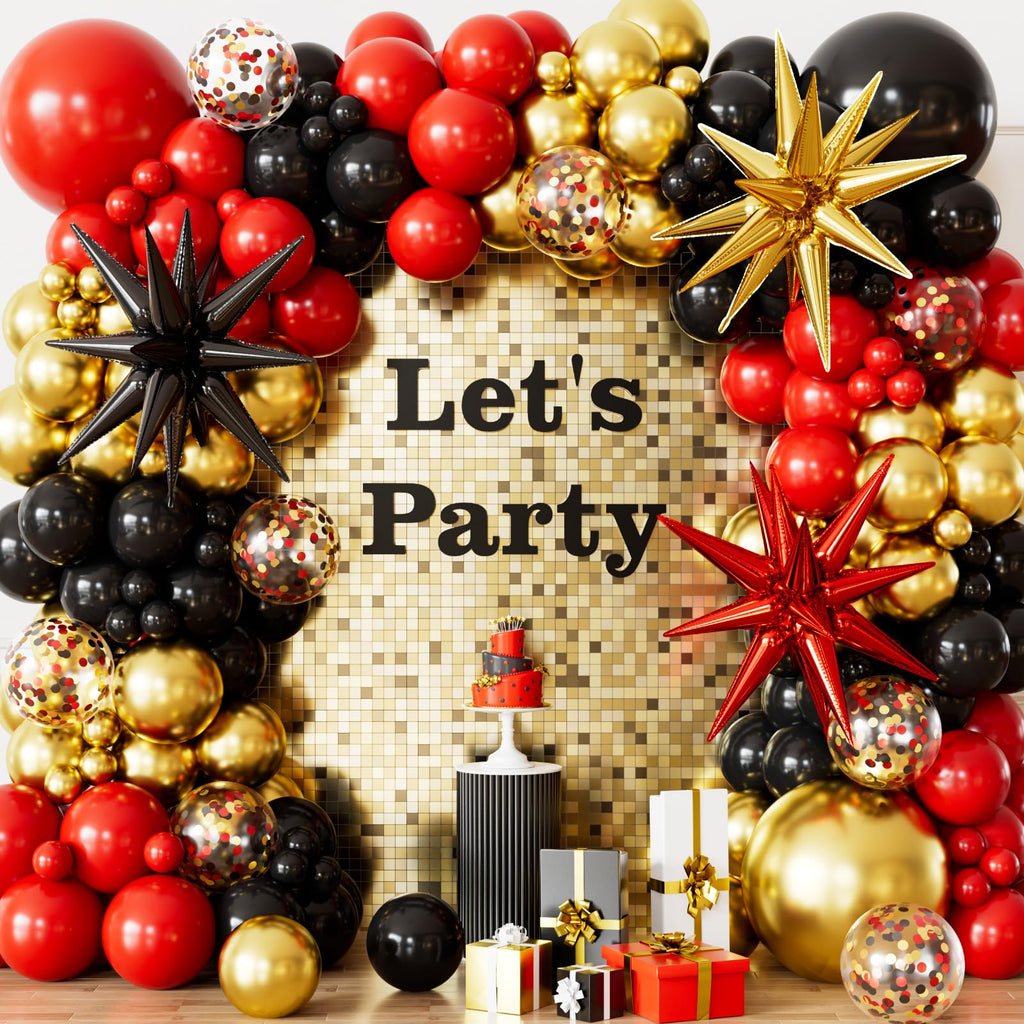 131-Piece Red Black Gold Balloon Arch Kit by Haolongfa – Includes Foil Starburst, Confetti, and Latex Balloons for Hollywood, Casino, or Movie Night Parties