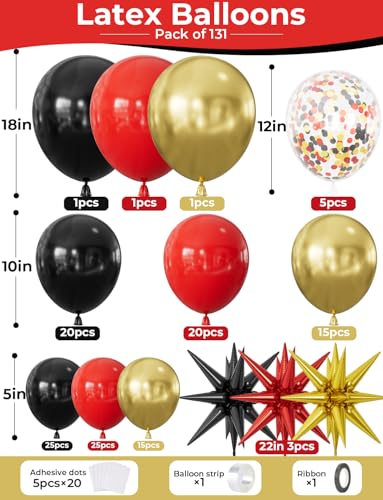 131-Piece Red Black Gold Balloon Arch Kit by Haolongfa – Includes Foil Starburst, Confetti, and Latex Balloons for Hollywood, Casino, or Movie Night Parties