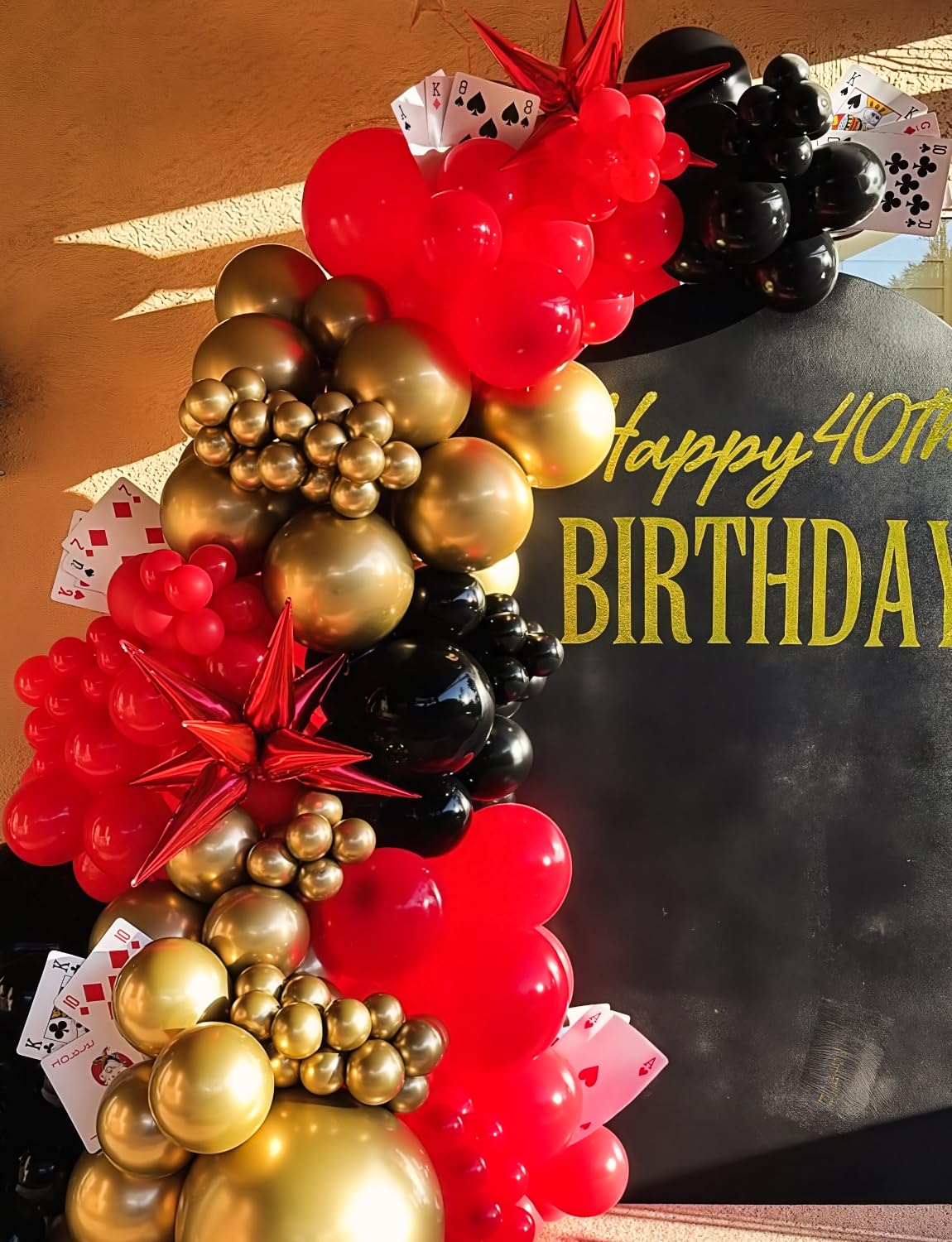 131-Piece Red Black Gold Balloon Arch Kit by Haolongfa – Includes Foil Starburst, Confetti, and Latex Balloons for Hollywood, Casino, or Movie Night Parties