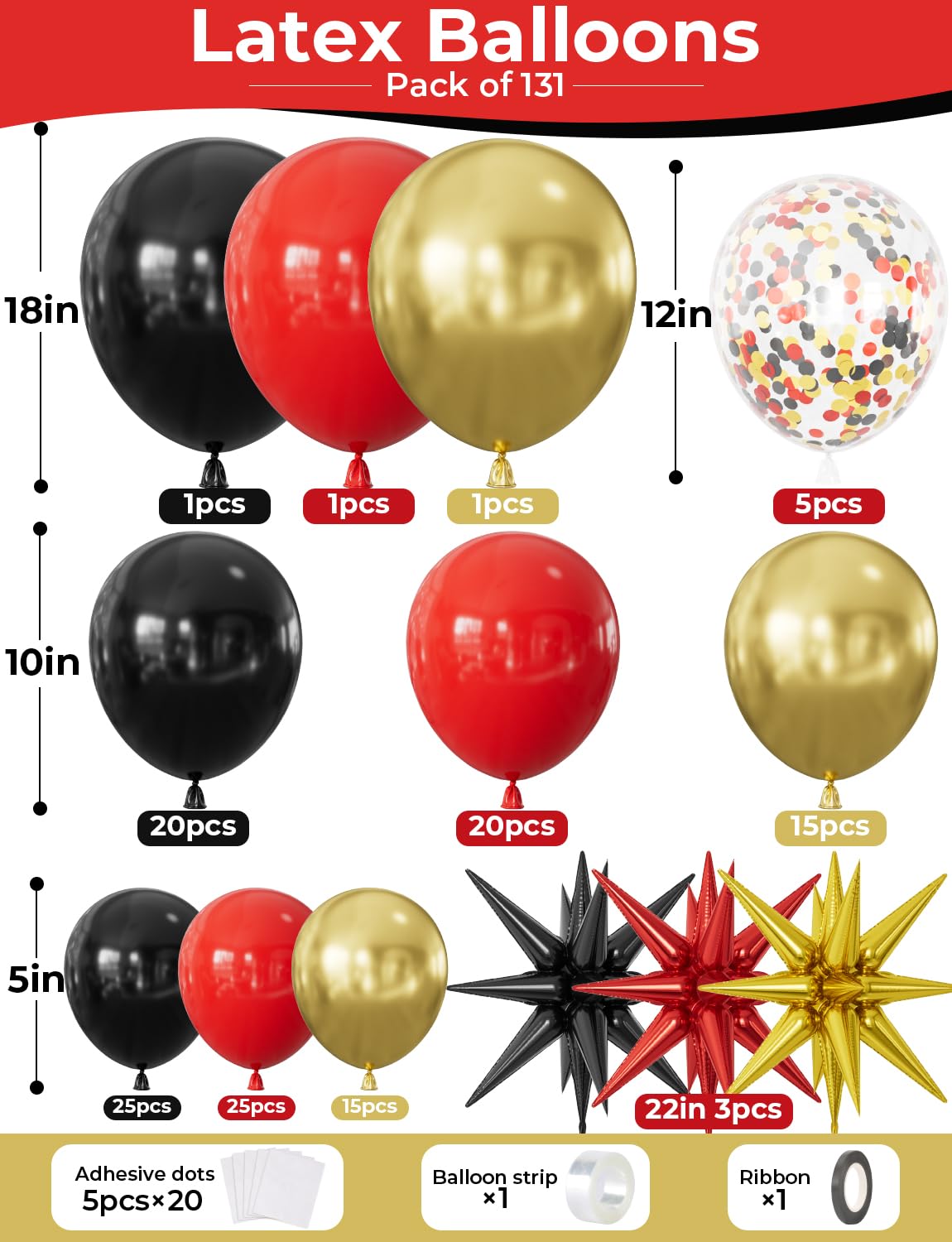 131-Piece Red Black Gold Balloon Arch Kit by Haolongfa – Includes Foil Starburst, Confetti, and Latex Balloons for Hollywood, Casino, or Movie Night Parties
