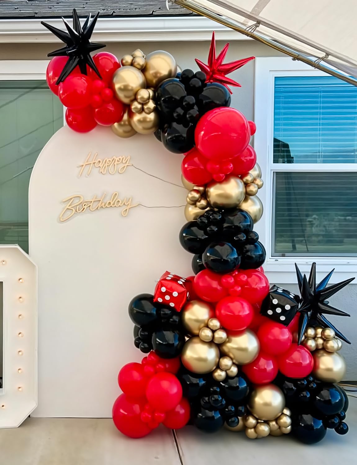 131-Piece Red Black Gold Balloon Arch Kit by Haolongfa – Includes Foil Starburst, Confetti, and Latex Balloons for Hollywood, Casino, or Movie Night Parties