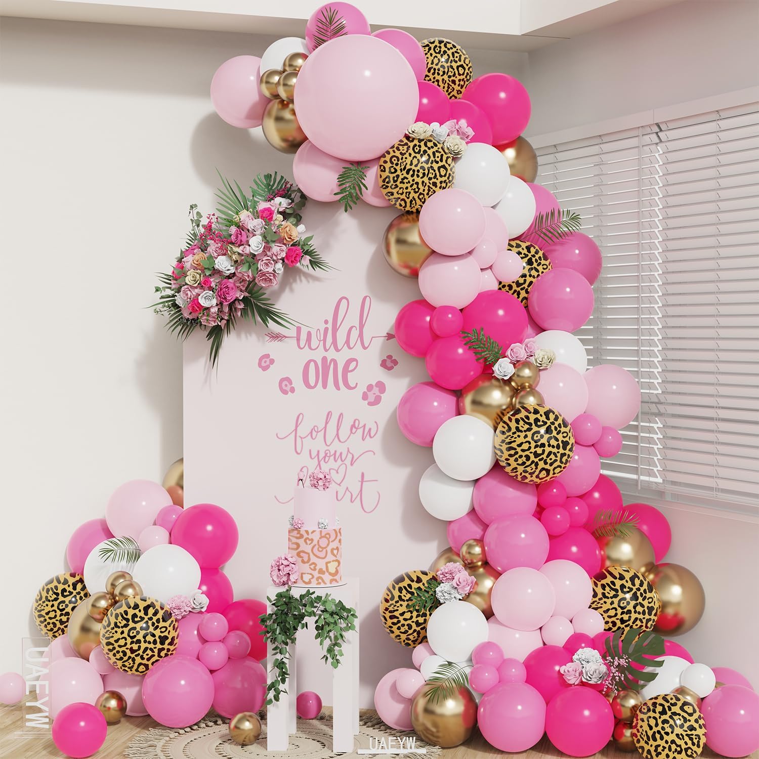 133-Piece Hot Pink Leopard Print Balloon Arch Kit for Wild One Jungle Birthday Parties
