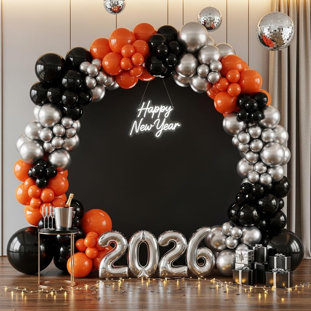 133-Piece Orange, Black & Silver Balloon Garland Kit for Halloween, Graduation & Basketball Parties
