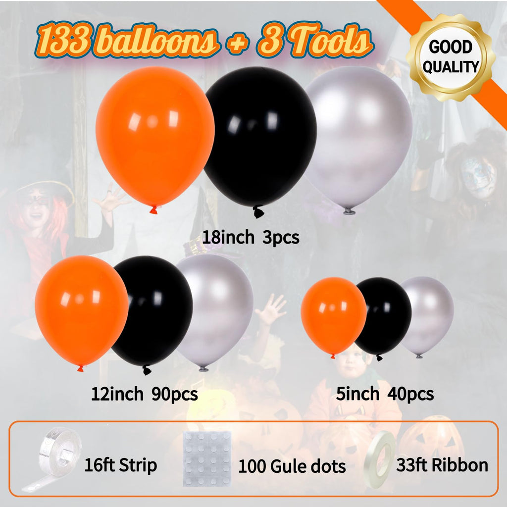 133-Piece Orange, Black & Silver Balloon Garland Kit for Halloween, Graduation & Basketball Parties