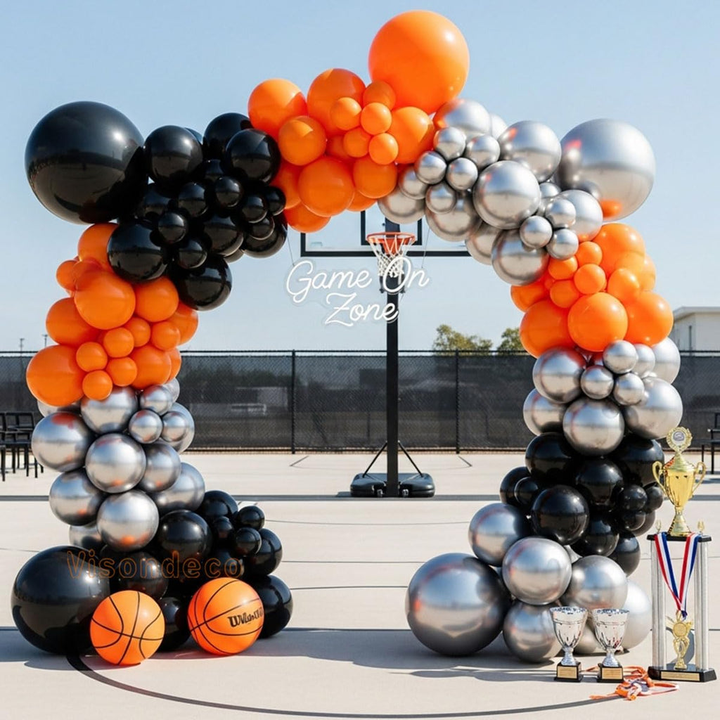 133-Piece Orange, Black & Silver Balloon Garland Kit for Halloween, Graduation & Basketball Parties