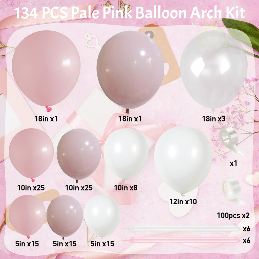 134-Piece Coquette Balloon Arch Kit – Pastel Pink, White & Clear Balloons with Bow Accents for Birthday Parties