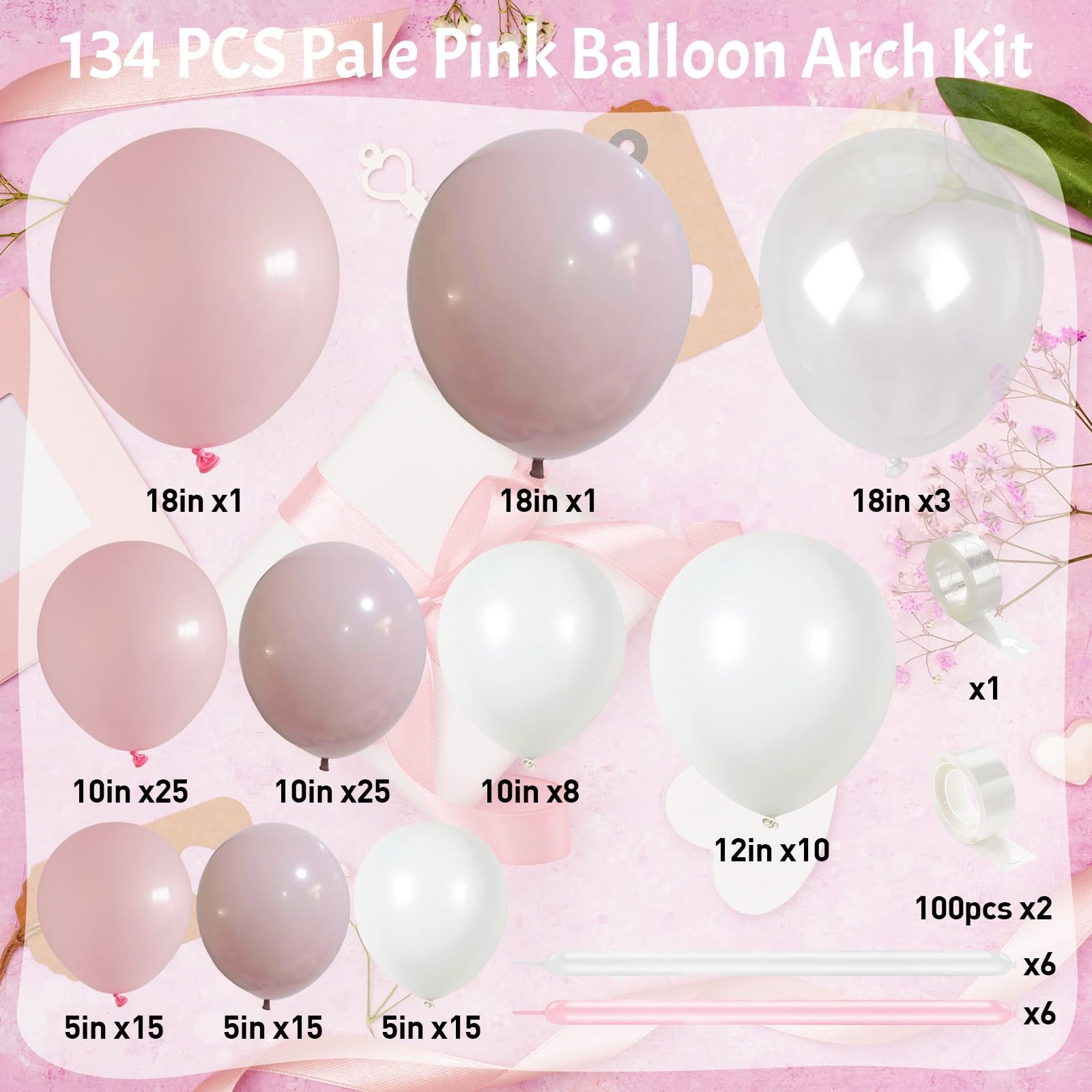 134-Piece Coquette Balloon Arch Kit – Pastel Pink, White & Clear Balloons with Bow Accents for Birthday Parties