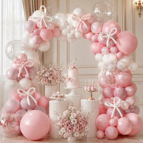134-Piece Coquette Balloon Arch Kit – Pastel Pink, White & Clear Balloons with Bow Accents for Birthday Parties