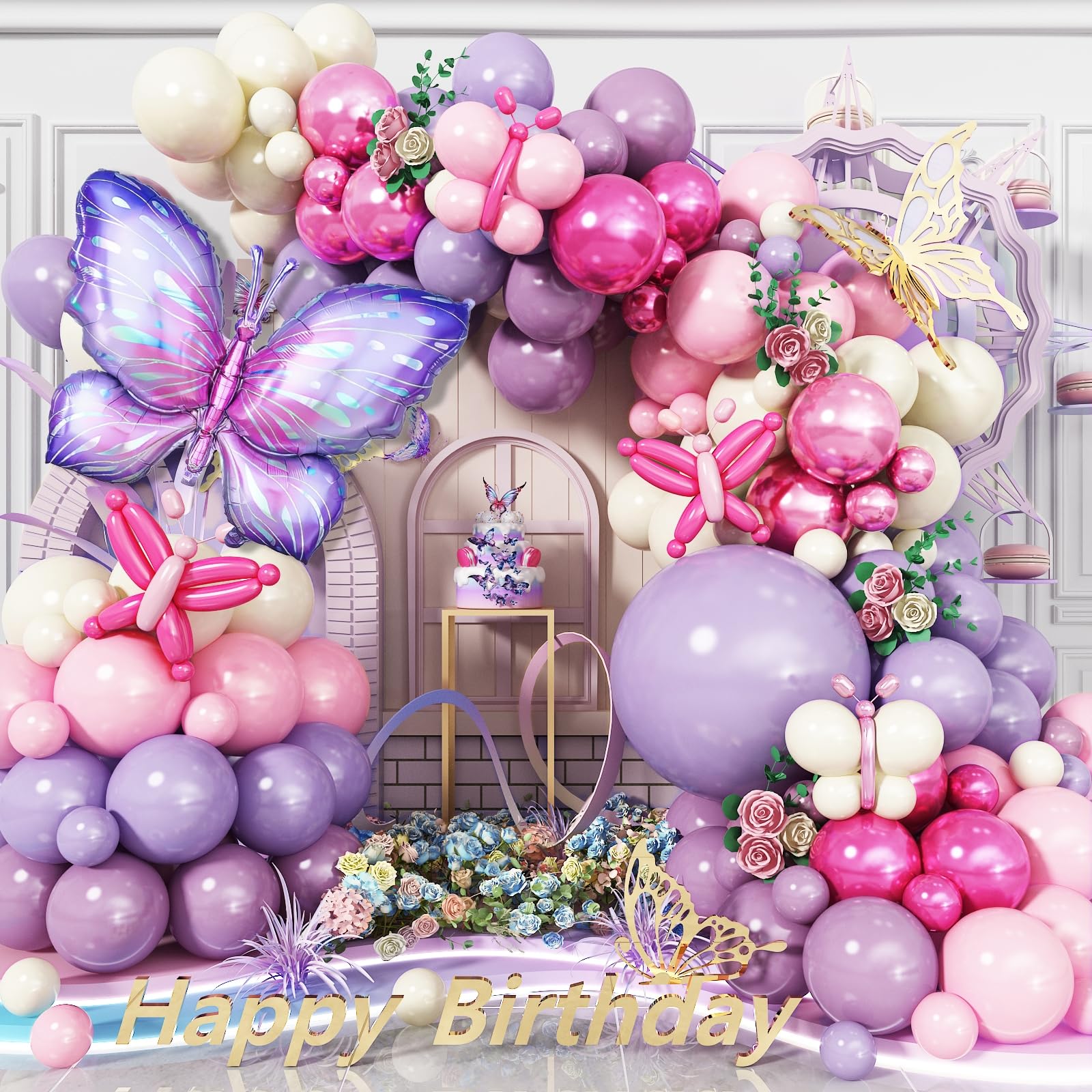 135-Piece Butterfly Balloon Arch Kit – Purple Pink Fairy Party Garland with Foil and Latex Balloons