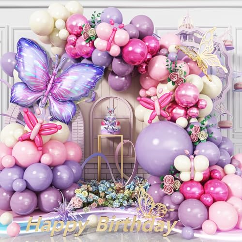 135-Piece Butterfly Balloon Arch Kit – Purple Pink Fairy Party Garland with Foil and Latex Balloons