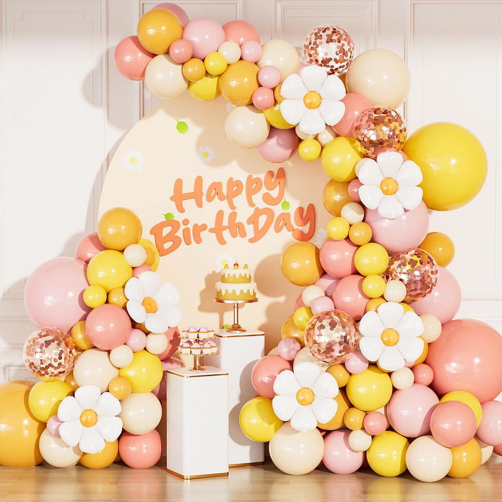 136Pcs Boho Daisy Balloon Arch Kit – Groovy Balloon Garland for Birthdays, Baby Showers, Weddings