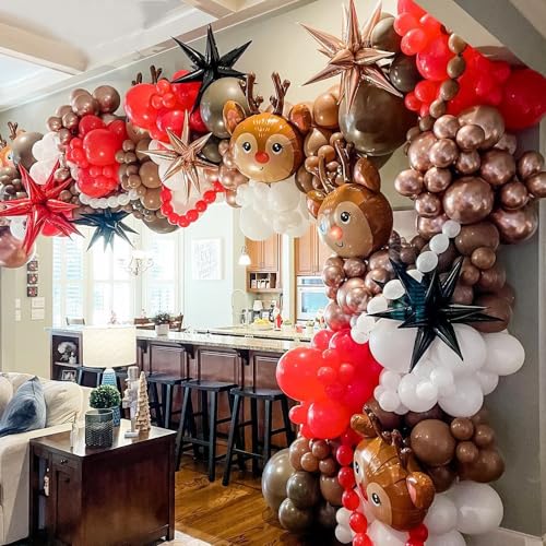 138-Piece Christmas Reindeer Balloon Garland Arch Kit – Red, Brown, Sand, White, Gold – Woodland Party Decor