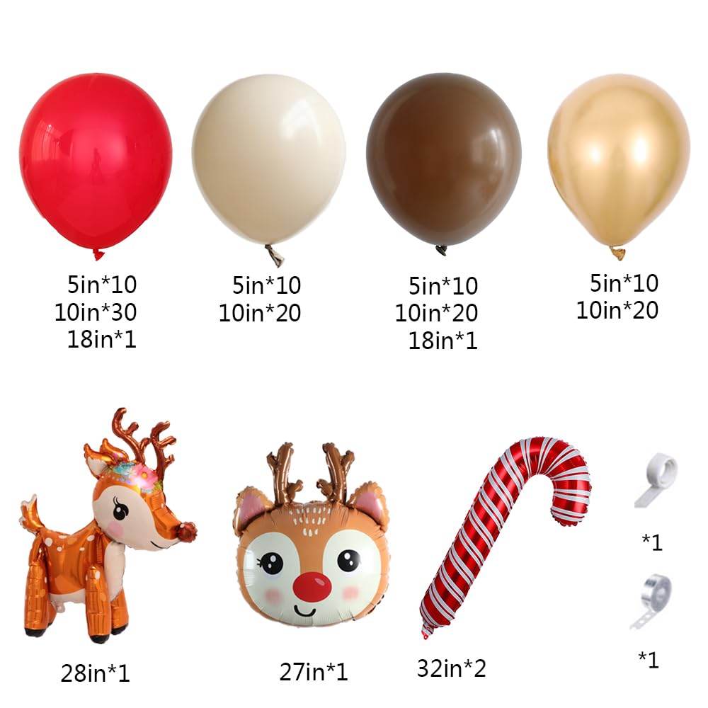 138-Piece Christmas Reindeer Balloon Garland Arch Kit – Red, Brown, Sand, White, Gold – Woodland Party Decor