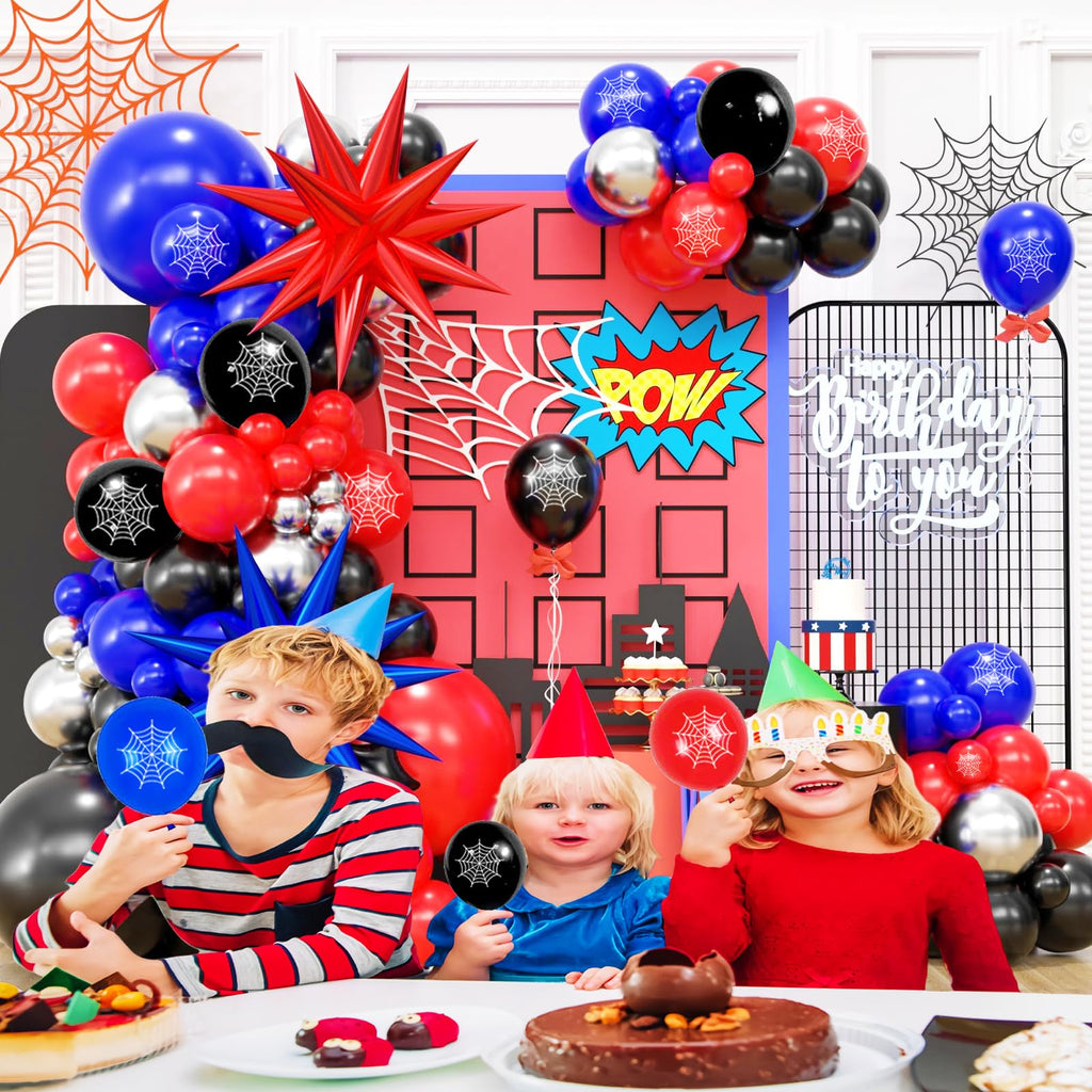 139-Piece Blue Red Black Balloon Arch Garland Kit – Cartoon Spider Theme Birthday Party Decorations for Boys and Girls
