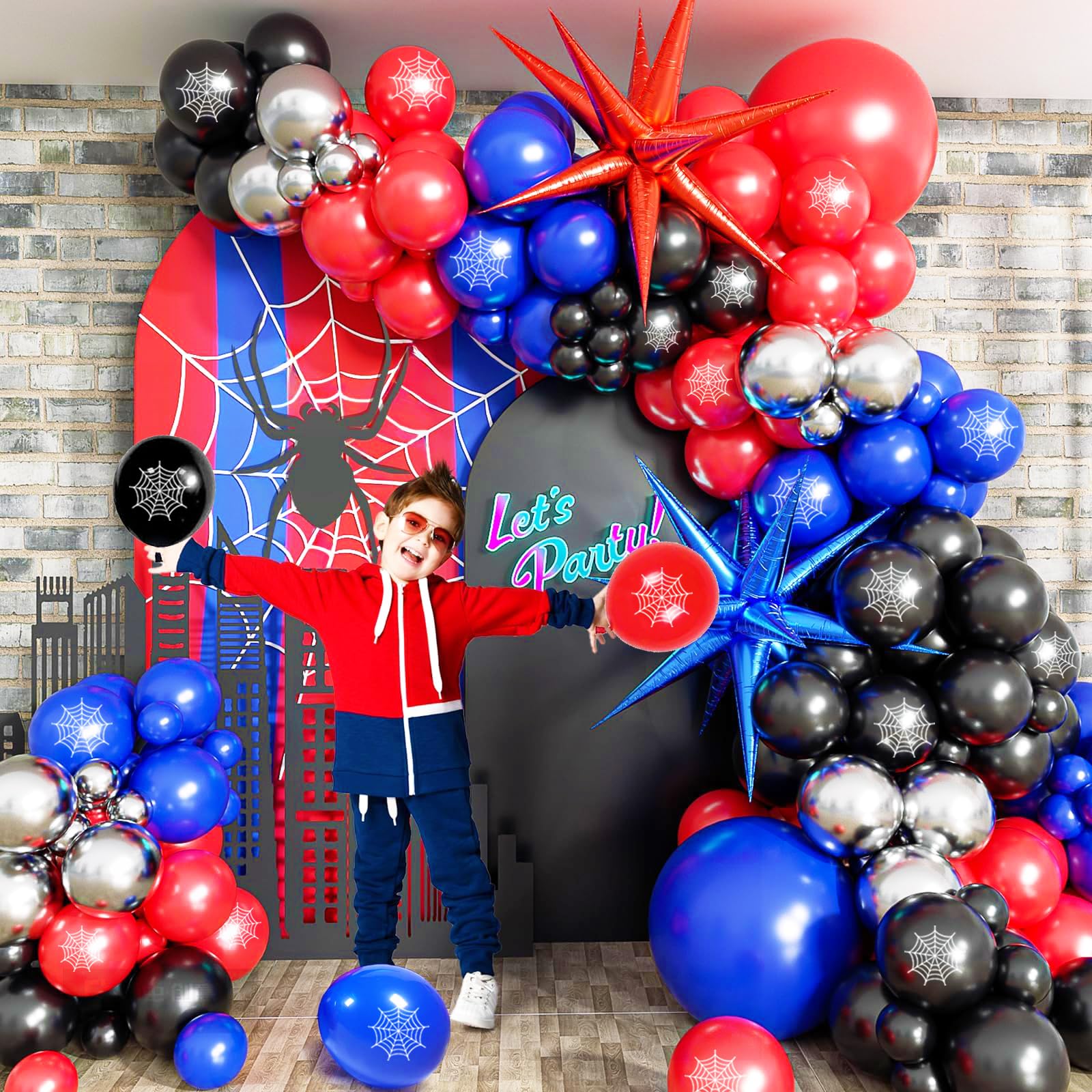 139-Piece Blue Red Black Balloon Arch Garland Kit – Cartoon Spider Theme Birthday Party Decorations for Boys and Girls