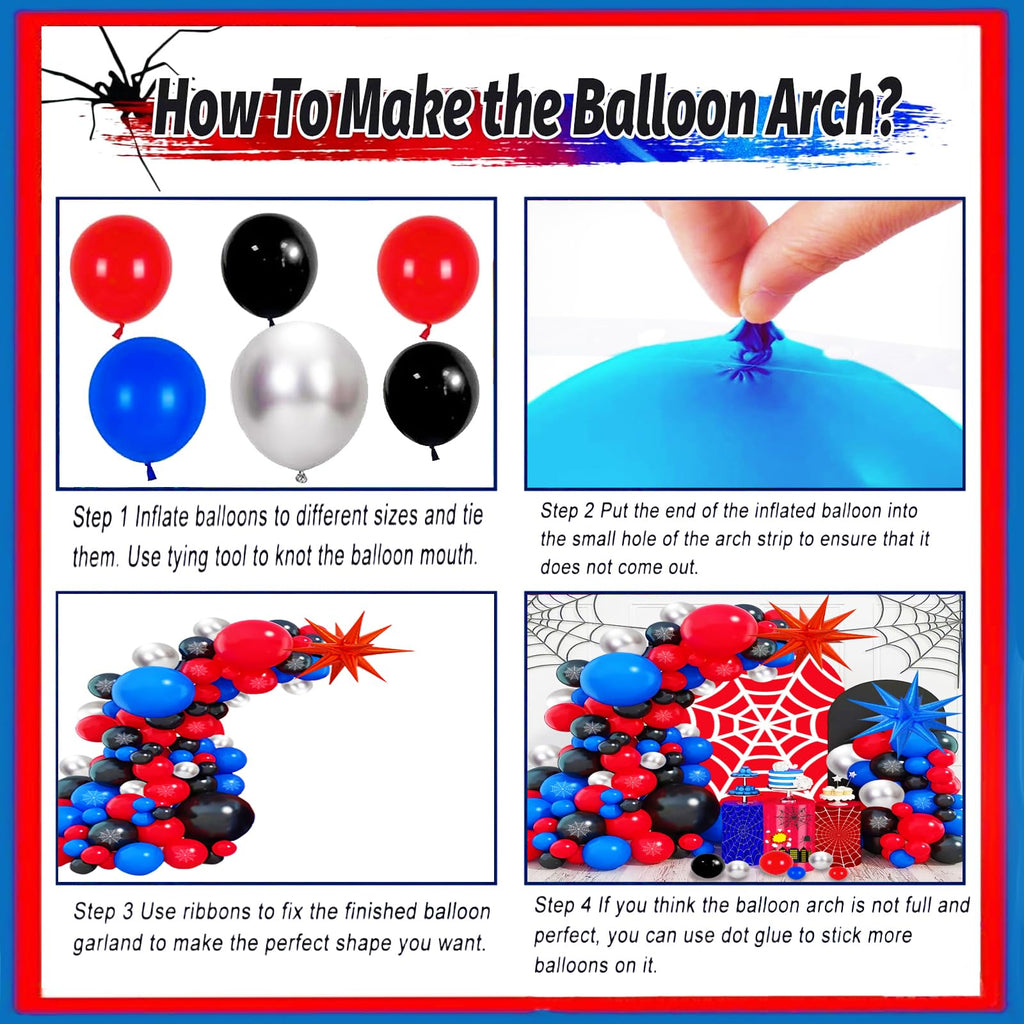139-Piece Blue Red Black Balloon Arch Garland Kit – Cartoon Spider Theme Birthday Party Decorations for Boys and Girls