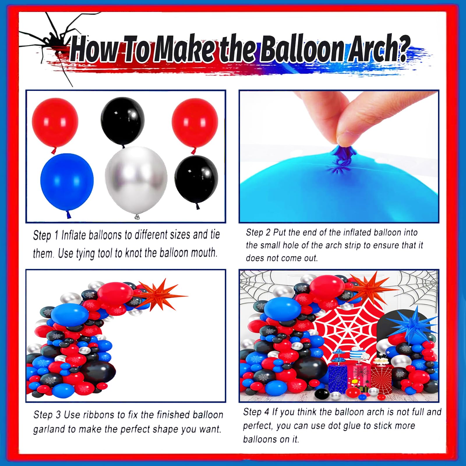 139-Piece Blue Red Black Balloon Arch Garland Kit – Cartoon Spider Theme Birthday Party Decorations for Boys and Girls