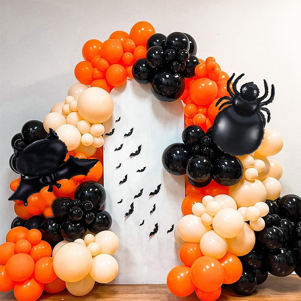 139Pcs Halloween Balloon Garland Arch Kit – Black Orange Mylar Spider & Bat Balloons with 3D Stickers for Indoor Outdoor Party Decor